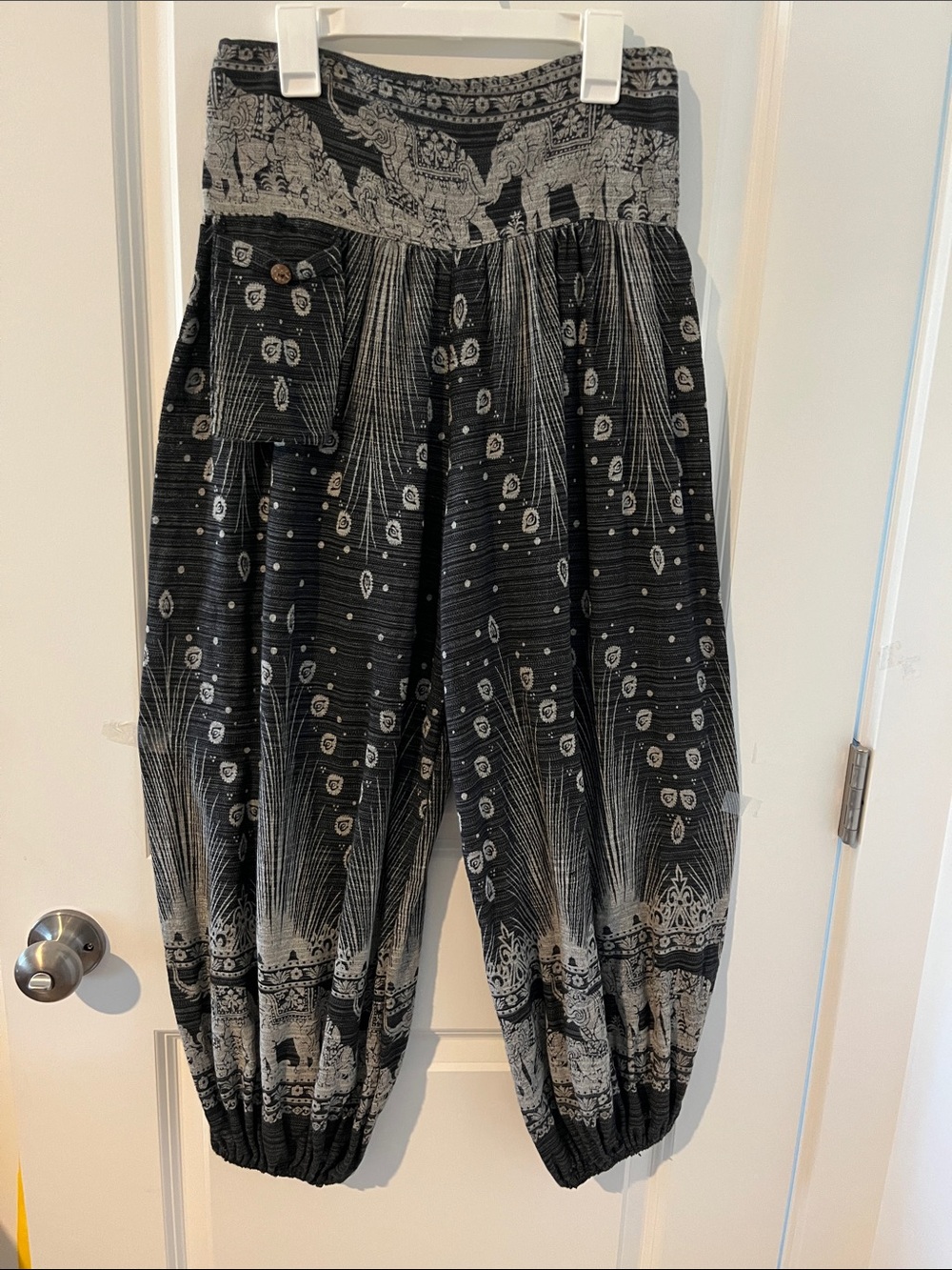 Wide Leg Black & Silver Printed Harem Pants